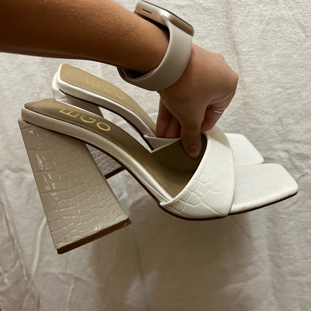 White Ego block heels, size 7, lightly worn, faux crocodile leather